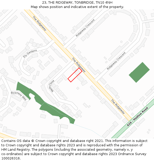 23, THE RIDGEWAY, TONBRIDGE, TN10 4NH: Location map and indicative extent of plot