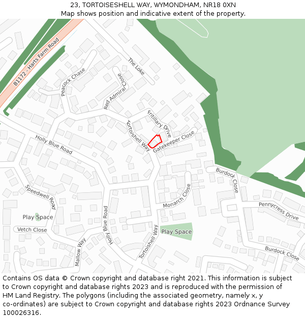 23, TORTOISESHELL WAY, WYMONDHAM, NR18 0XN: Location map and indicative extent of plot