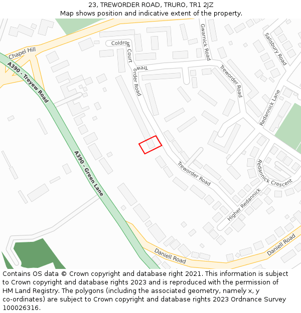 23, TREWORDER ROAD, TRURO, TR1 2JZ: Location map and indicative extent of plot