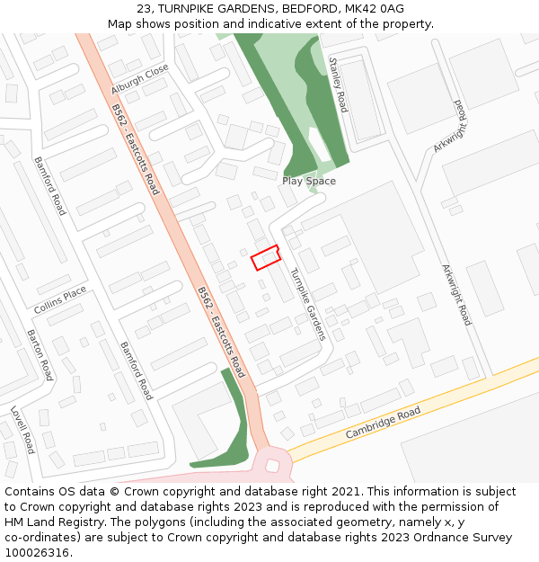 23, TURNPIKE GARDENS, BEDFORD, MK42 0AG: Location map and indicative extent of plot