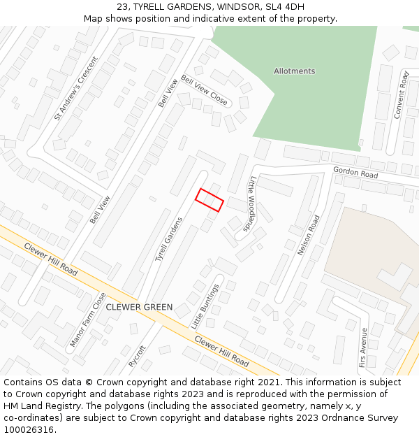 23, TYRELL GARDENS, WINDSOR, SL4 4DH: Location map and indicative extent of plot