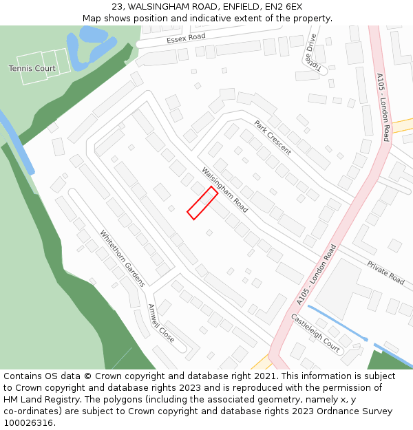 23, WALSINGHAM ROAD, ENFIELD, EN2 6EX: Location map and indicative extent of plot