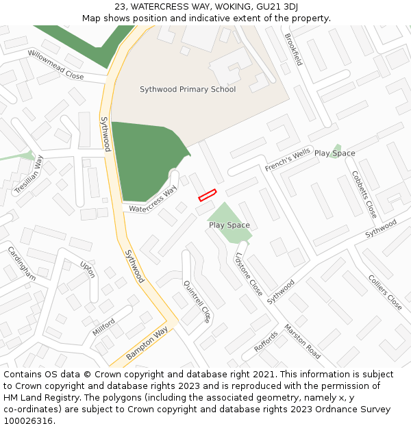 23, WATERCRESS WAY, WOKING, GU21 3DJ: Location map and indicative extent of plot