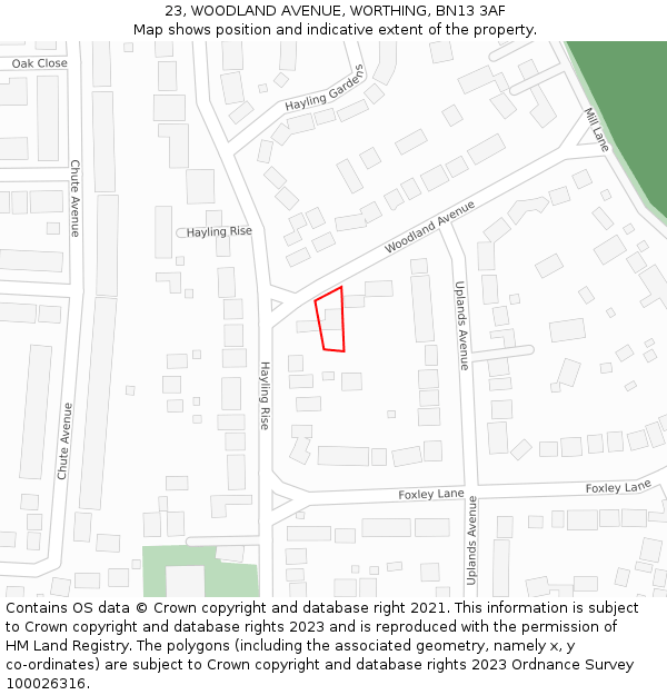23, WOODLAND AVENUE, WORTHING, BN13 3AF: Location map and indicative extent of plot