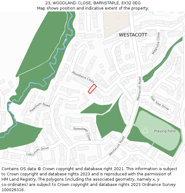 23, WOODLAND CLOSE, BARNSTAPLE, EX32 0EG: Location map and indicative extent of plot