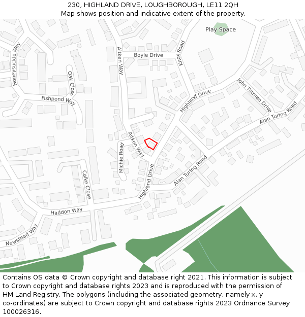 230, HIGHLAND DRIVE, LOUGHBOROUGH, LE11 2QH: Location map and indicative extent of plot