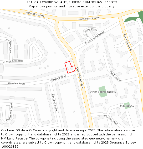 231, CALLOWBROOK LANE, RUBERY, BIRMINGHAM, B45 9TR: Location map and indicative extent of plot