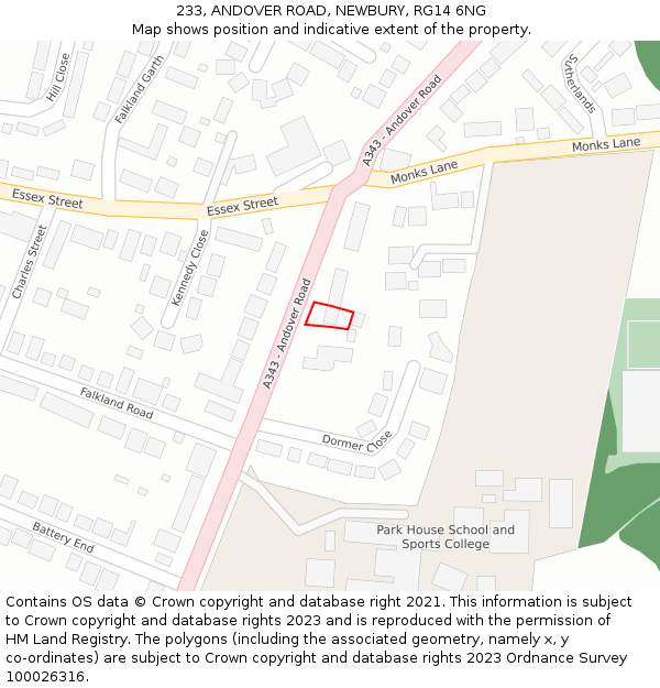 233, ANDOVER ROAD, NEWBURY, RG14 6NG: Location map and indicative extent of plot