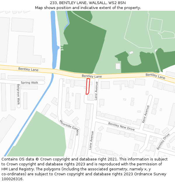 233, BENTLEY LANE, WALSALL, WS2 8SN: Location map and indicative extent of plot