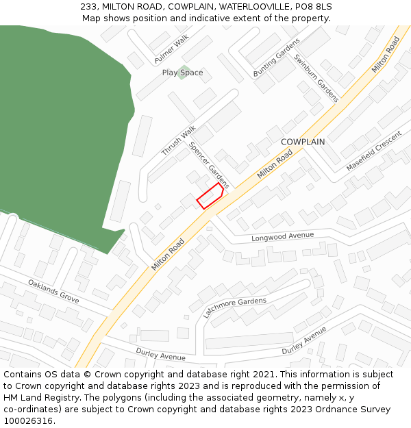 233, MILTON ROAD, COWPLAIN, WATERLOOVILLE, PO8 8LS: Location map and indicative extent of plot