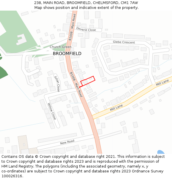 238, MAIN ROAD, BROOMFIELD, CHELMSFORD, CM1 7AW: Location map and indicative extent of plot