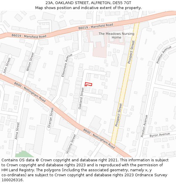 23A, OAKLAND STREET, ALFRETON, DE55 7GT: Location map and indicative extent of plot