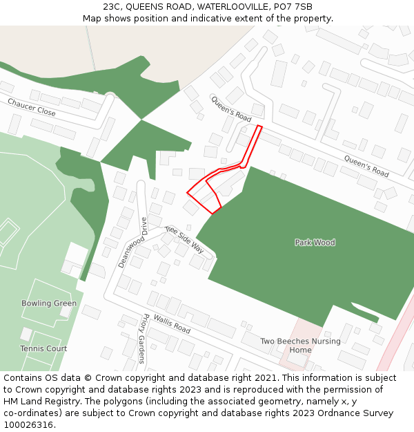 23C, QUEENS ROAD, WATERLOOVILLE, PO7 7SB: Location map and indicative extent of plot