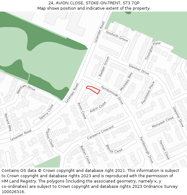 24, AVION CLOSE, STOKE-ON-TRENT, ST3 7QP: Location map and indicative extent of plot