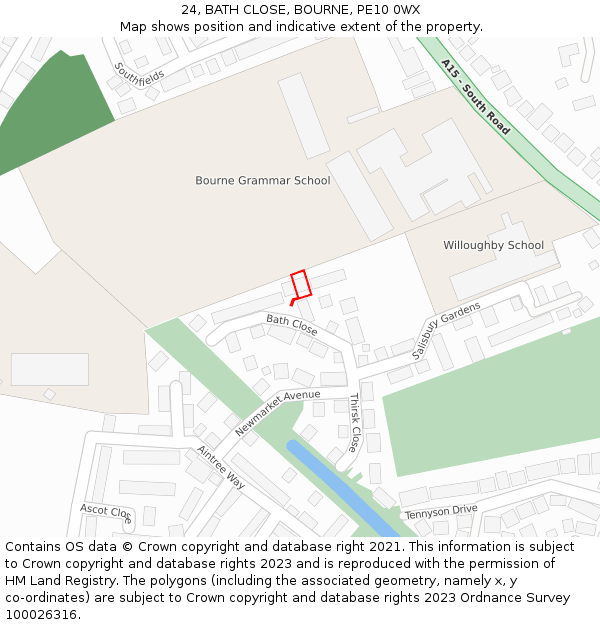 24, BATH CLOSE, BOURNE, PE10 0WX: Location map and indicative extent of plot