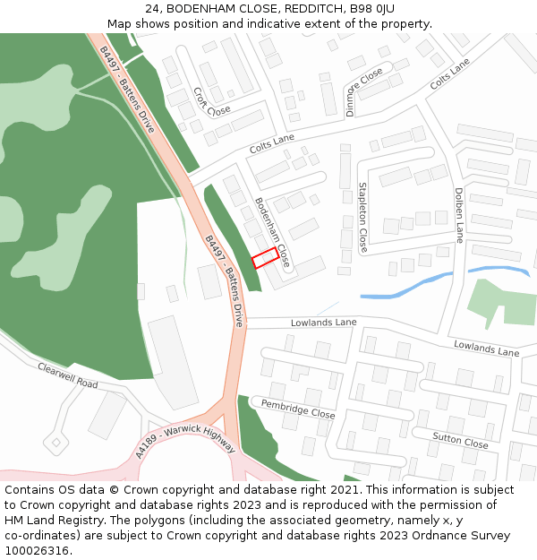 24, BODENHAM CLOSE, REDDITCH, B98 0JU: Location map and indicative extent of plot