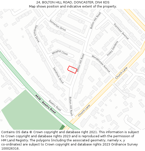 24, BOLTON HILL ROAD, DONCASTER, DN4 6DS: Location map and indicative extent of plot