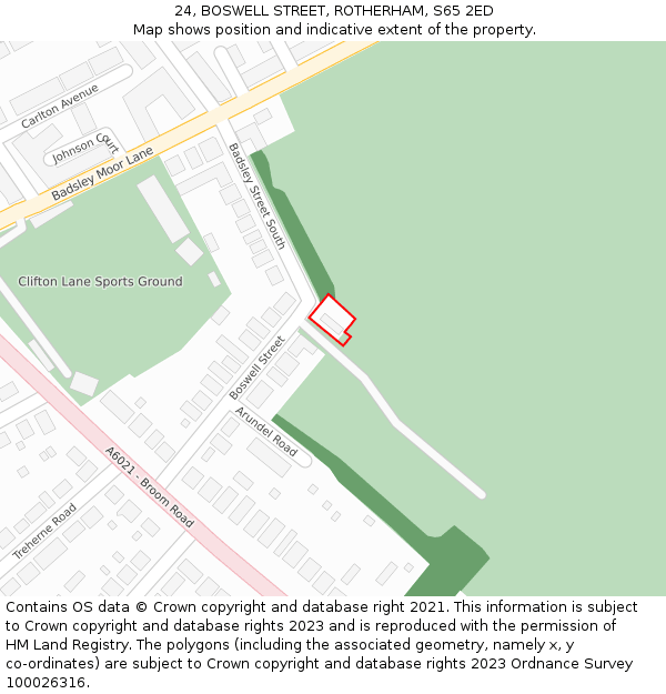 24, BOSWELL STREET, ROTHERHAM, S65 2ED: Location map and indicative extent of plot