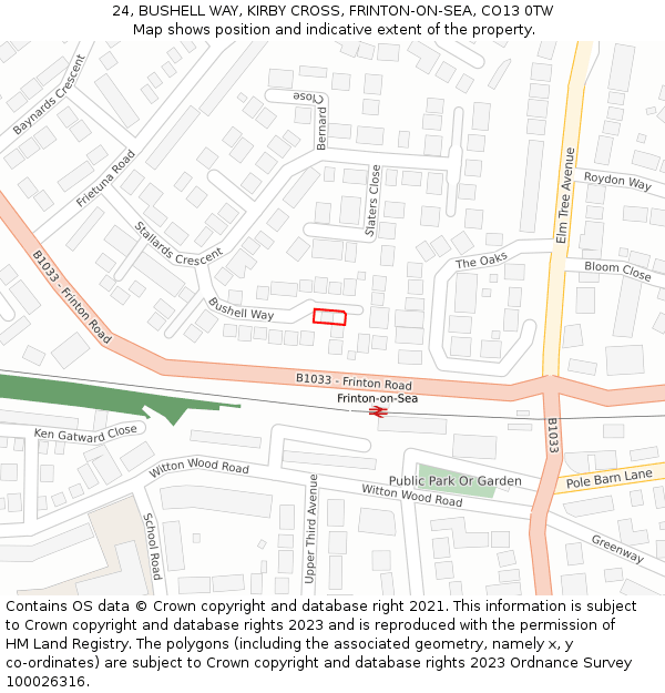 24, BUSHELL WAY, KIRBY CROSS, FRINTON-ON-SEA, CO13 0TW: Location map and indicative extent of plot