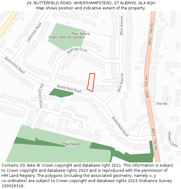 24, BUTTERFIELD ROAD, WHEATHAMPSTEAD, ST ALBANS, AL4 8QH: Location map and indicative extent of plot