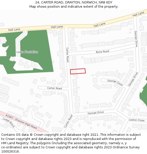 24, CARTER ROAD, DRAYTON, NORWICH, NR8 6DY: Location map and indicative extent of plot