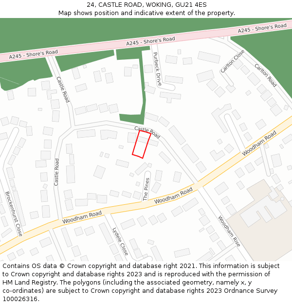 24, CASTLE ROAD, WOKING, GU21 4ES: Location map and indicative extent of plot