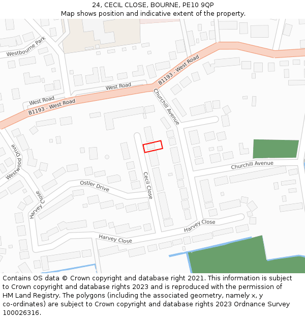 24, CECIL CLOSE, BOURNE, PE10 9QP: Location map and indicative extent of plot