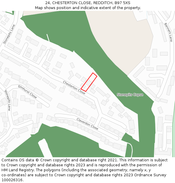 24, CHESTERTON CLOSE, REDDITCH, B97 5XS: Location map and indicative extent of plot