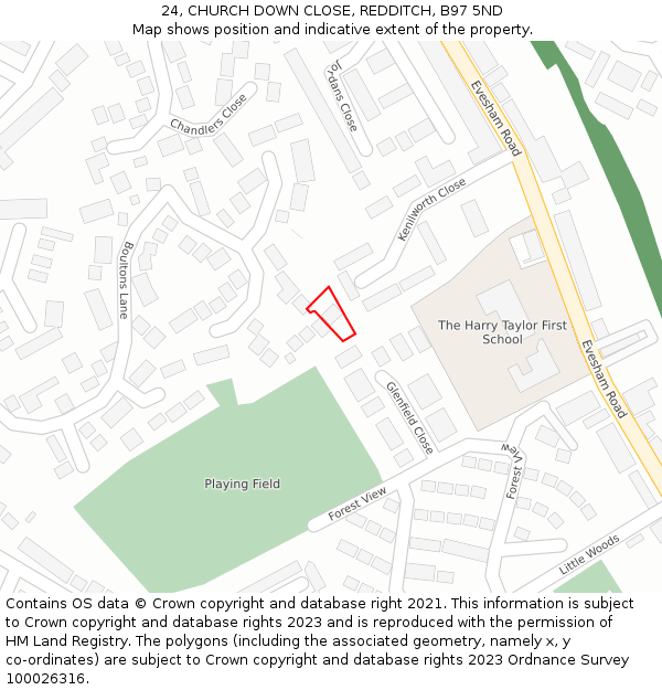 24, CHURCH DOWN CLOSE, REDDITCH, B97 5ND: Location map and indicative extent of plot