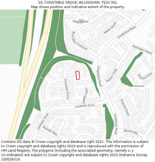 24, CONSTABLE GROVE, BILLINGHAM, TS23 3GL: Location map and indicative extent of plot