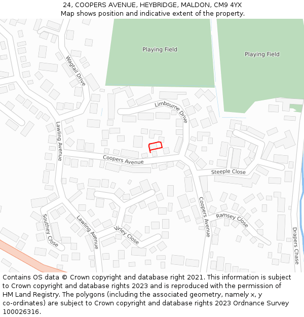 24, COOPERS AVENUE, HEYBRIDGE, MALDON, CM9 4YX: Location map and indicative extent of plot