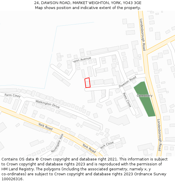 24, DAWSON ROAD, MARKET WEIGHTON, YORK, YO43 3GE: Location map and indicative extent of plot