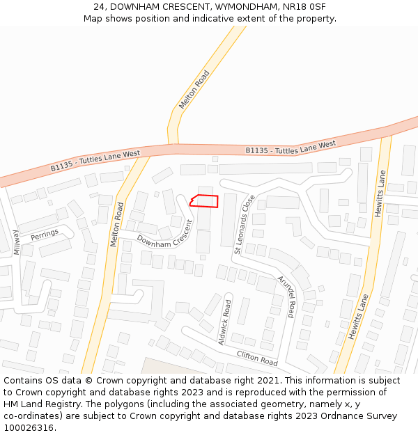 24, DOWNHAM CRESCENT, WYMONDHAM, NR18 0SF: Location map and indicative extent of plot