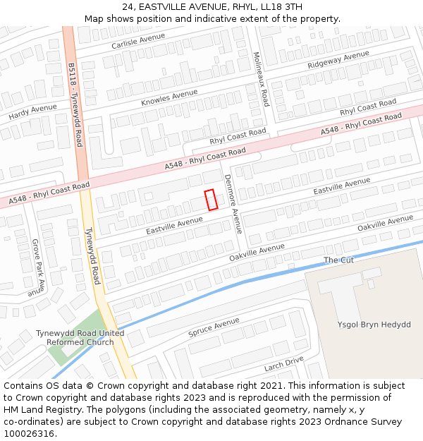 24, EASTVILLE AVENUE, RHYL, LL18 3TH: Location map and indicative extent of plot