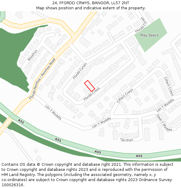 24, FFORDD CRWYS, BANGOR, LL57 2NT: Location map and indicative extent of plot