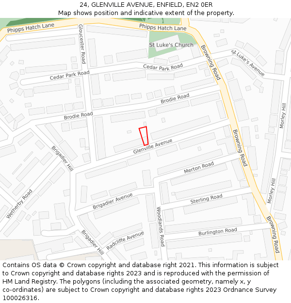 24, GLENVILLE AVENUE, ENFIELD, EN2 0ER: Location map and indicative extent of plot