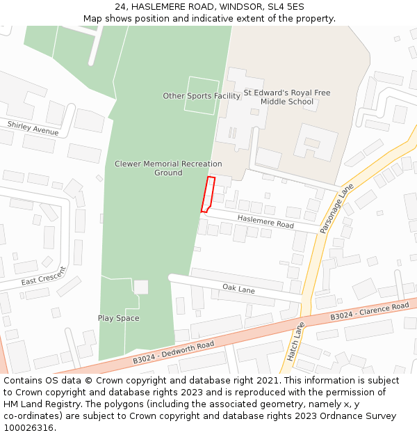 24, HASLEMERE ROAD, WINDSOR, SL4 5ES: Location map and indicative extent of plot