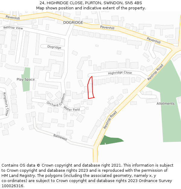 24, HIGHRIDGE CLOSE, PURTON, SWINDON, SN5 4BS: Location map and indicative extent of plot