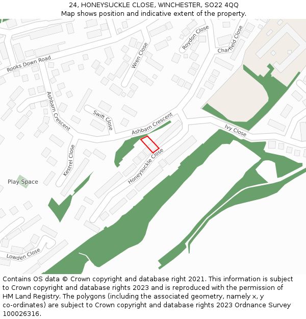 24, HONEYSUCKLE CLOSE, WINCHESTER, SO22 4QQ: Location map and indicative extent of plot