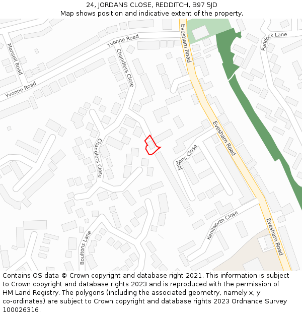 24, JORDANS CLOSE, REDDITCH, B97 5JD: Location map and indicative extent of plot