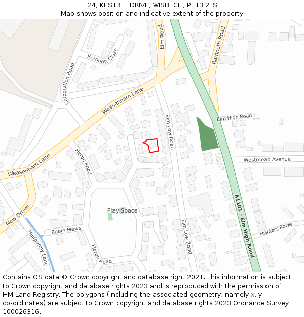 24, KESTREL DRIVE, WISBECH, PE13 2TS: Location map and indicative extent of plot