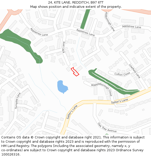 24, KITE LANE, REDDITCH, B97 6TT: Location map and indicative extent of plot