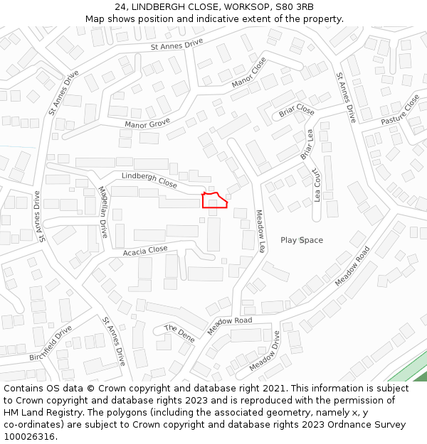 24, LINDBERGH CLOSE, WORKSOP, S80 3RB: Location map and indicative extent of plot