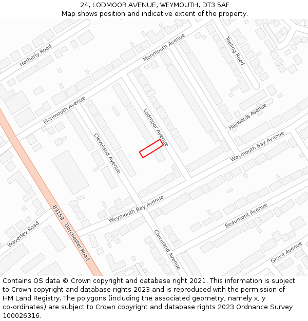 24, LODMOOR AVENUE, WEYMOUTH, DT3 5AF: Location map and indicative extent of plot