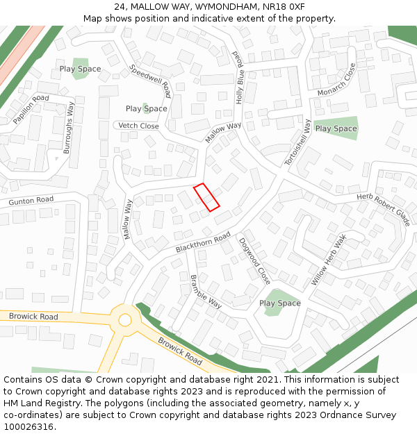 24, MALLOW WAY, WYMONDHAM, NR18 0XF: Location map and indicative extent of plot