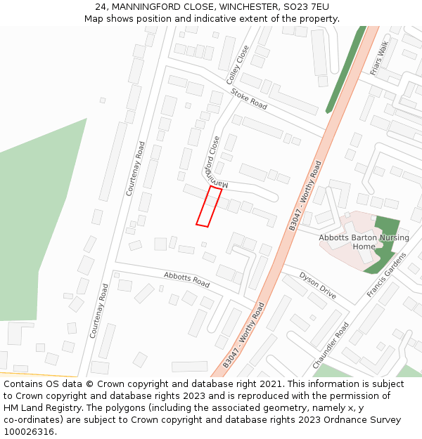 24, MANNINGFORD CLOSE, WINCHESTER, SO23 7EU: Location map and indicative extent of plot