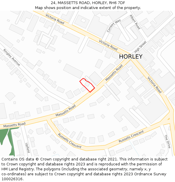 24, MASSETTS ROAD, HORLEY, RH6 7DF: Location map and indicative extent of plot