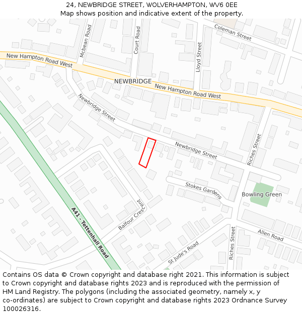 24, NEWBRIDGE STREET, WOLVERHAMPTON, WV6 0EE: Location map and indicative extent of plot