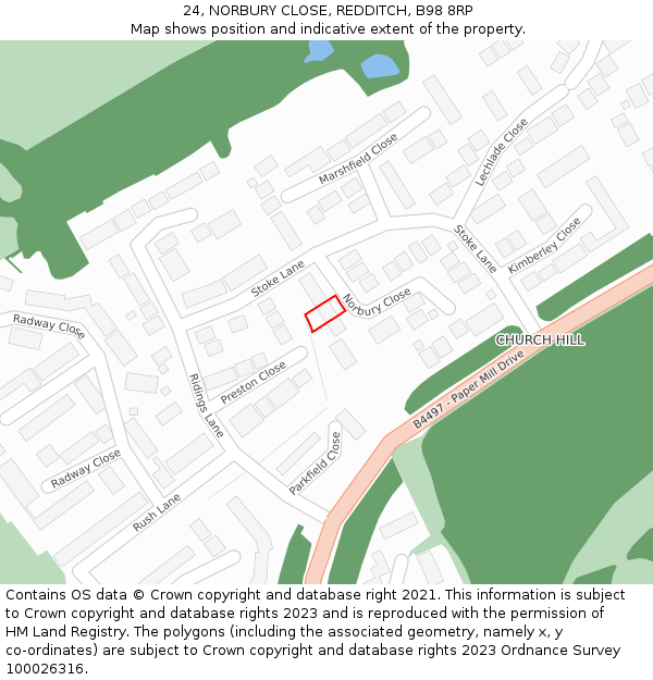 24, NORBURY CLOSE, REDDITCH, B98 8RP: Location map and indicative extent of plot