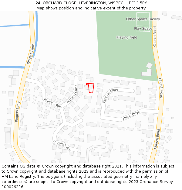 24, ORCHARD CLOSE, LEVERINGTON, WISBECH, PE13 5PY: Location map and indicative extent of plot